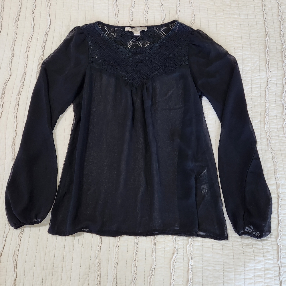 Forever 21 Women's Rounded Neck Sheer Long Sleeve Blouse, Size XS, Black
